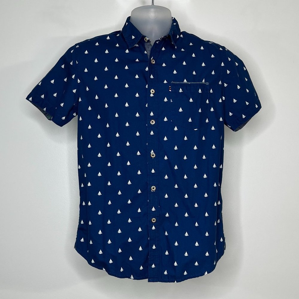 Denim & Flower men's navy blue button-down sailboat shirt